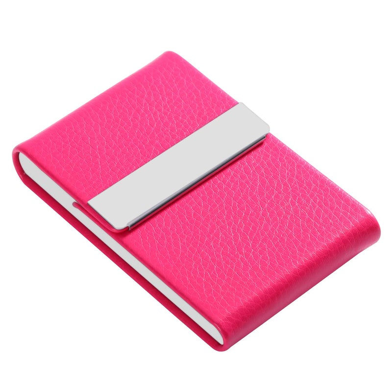 JuneLsy Business Card Holder Case - Professional PU Leather Business Card Case Metal Name Card Holder Pocket Business Card Carrier for Men & Women with Magnetic Shut (Y-Rose Red) - Image 1